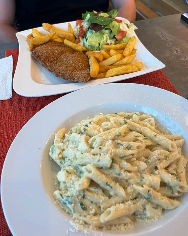 Schnitzel mit Pommes und Penne in Sahnesoße