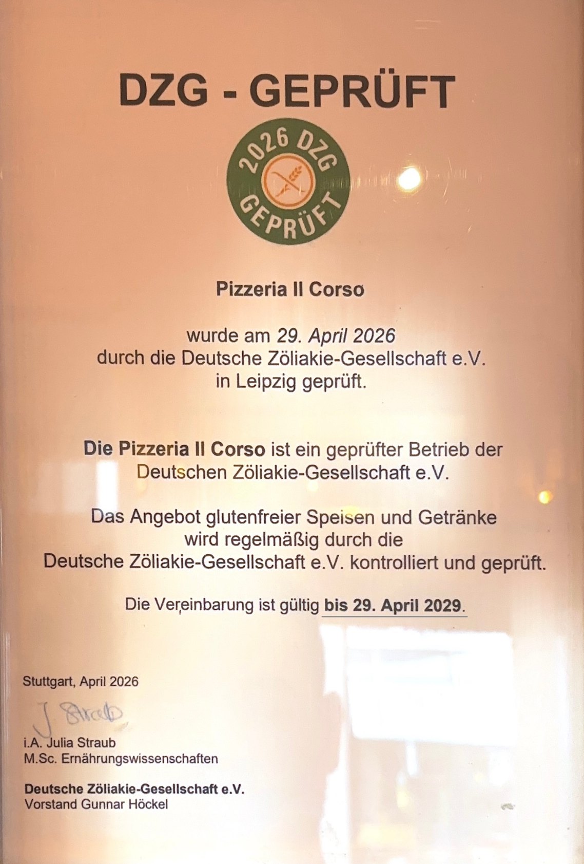 Urkunde: DZG-geprüft. Die Pizzeria Il Corso wurde am 29. April 2026 durch die Deutsche Zöliakie-Gesellschaft e.V. in Leipzig geprüft.